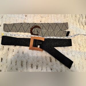 New Boho Belts Black/White/Black Straw Leather Wood & Woven Buckles 32-45 in wai